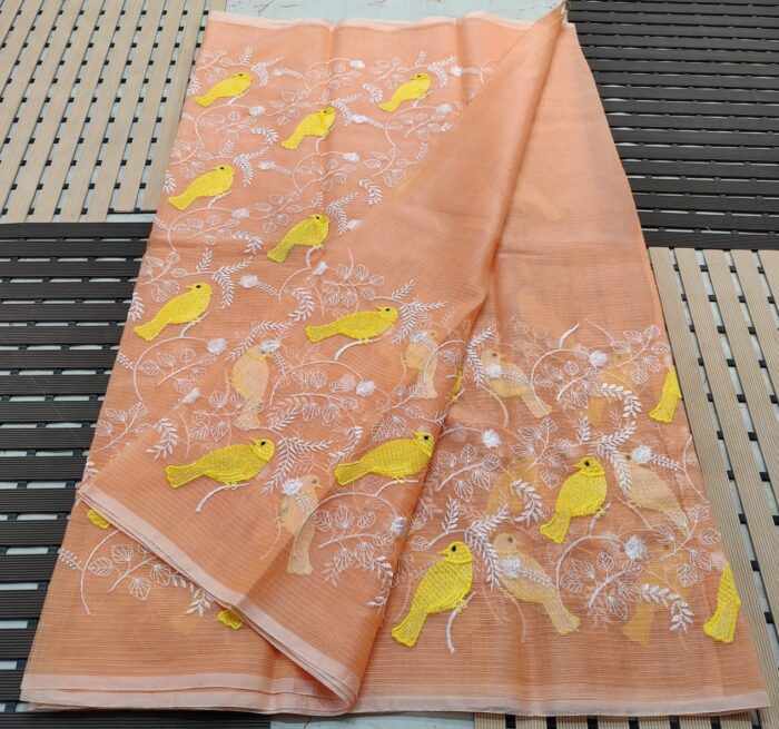 Soft Kota Doria Cotton Saree with Parrot Embroidery Motiffs