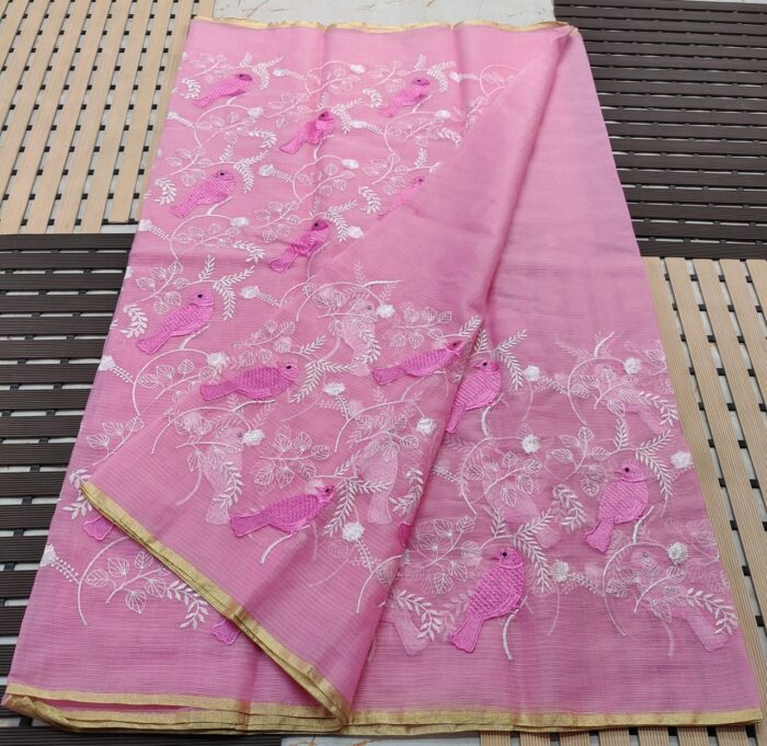 Soft Kota Doria Cotton Saree with Parrot Embroidery Motiffs