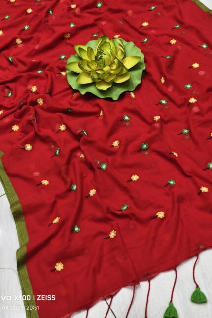 Mul Cotton with Allover Phool Embroidery Saree