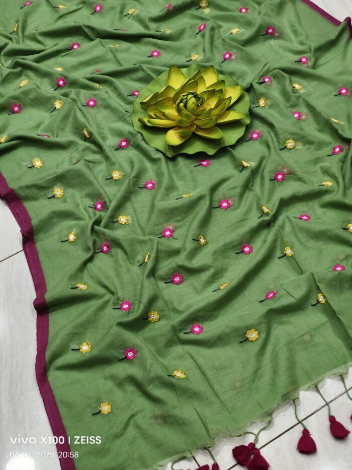 Mul Cotton with Allover Phool Embroidery Saree