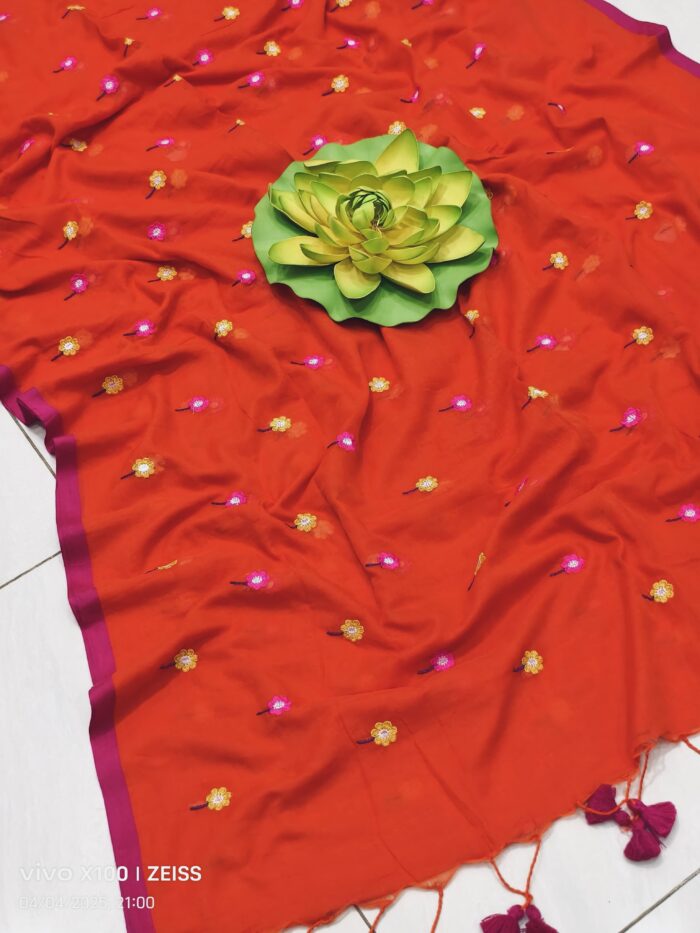 Mul Cotton with Allover Phool Embroidery Saree