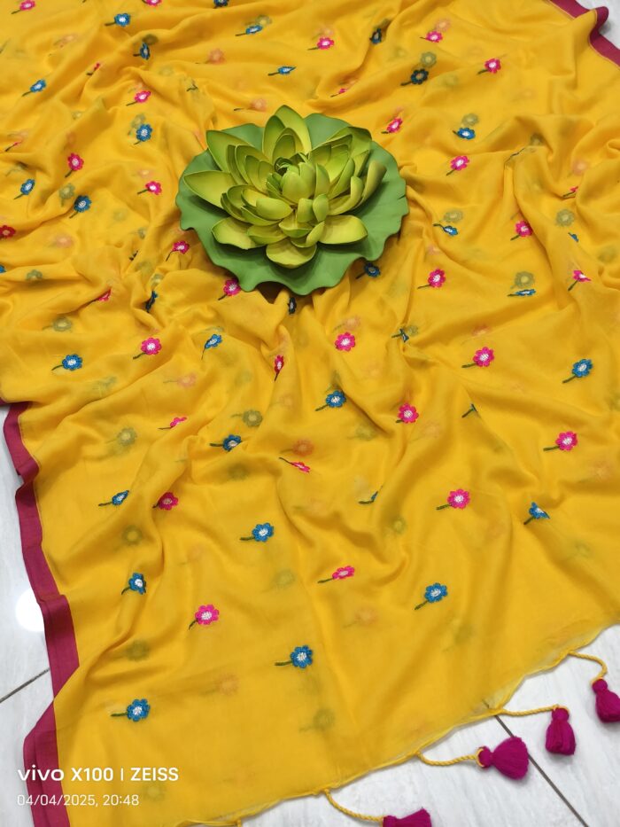 Mul Cotton with Allover Phool Embroidery Saree