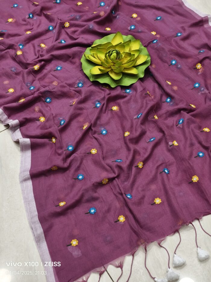 Mul Cotton with Allover Phool Embroidery Saree