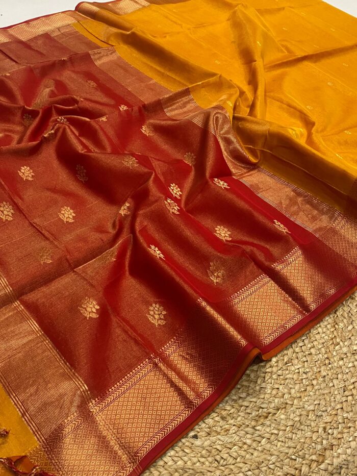 Tissue Maheshwari Silk Saree with Rose Butta.