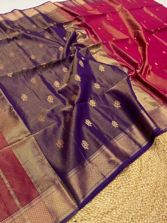 Tissue Maheshwari Silk Saree with Rose Butta.
