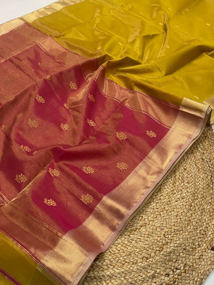 Tissue Maheshwari Silk Saree with Rose Butta.