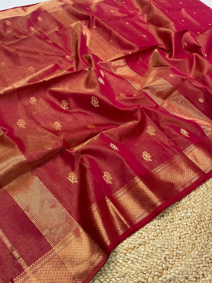 Tissue Maheshwari Silk Saree with Rose Butta.