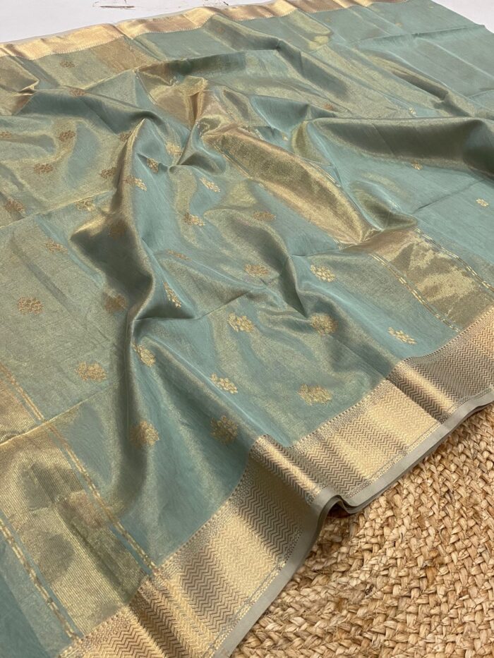 Tissue Maheshwari Silk Saree with Rose Butta.