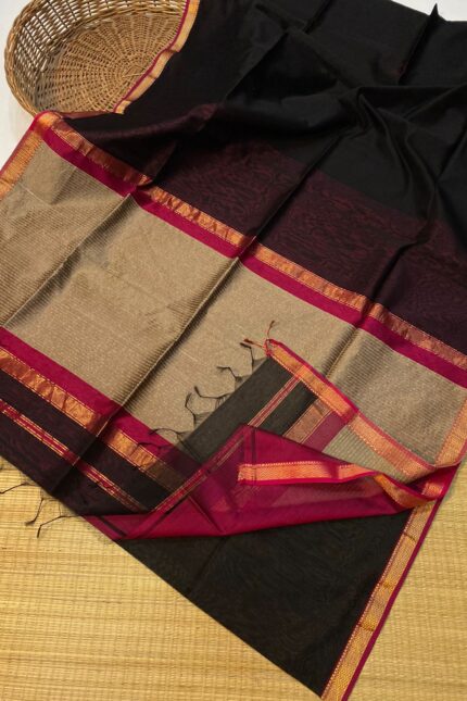 Maheshwari Silk Sarees With Zari Small Border Jute Pallu