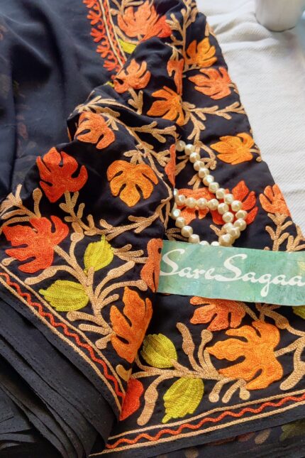 Kashmiri Aari Embroidery Black Georgette Saree