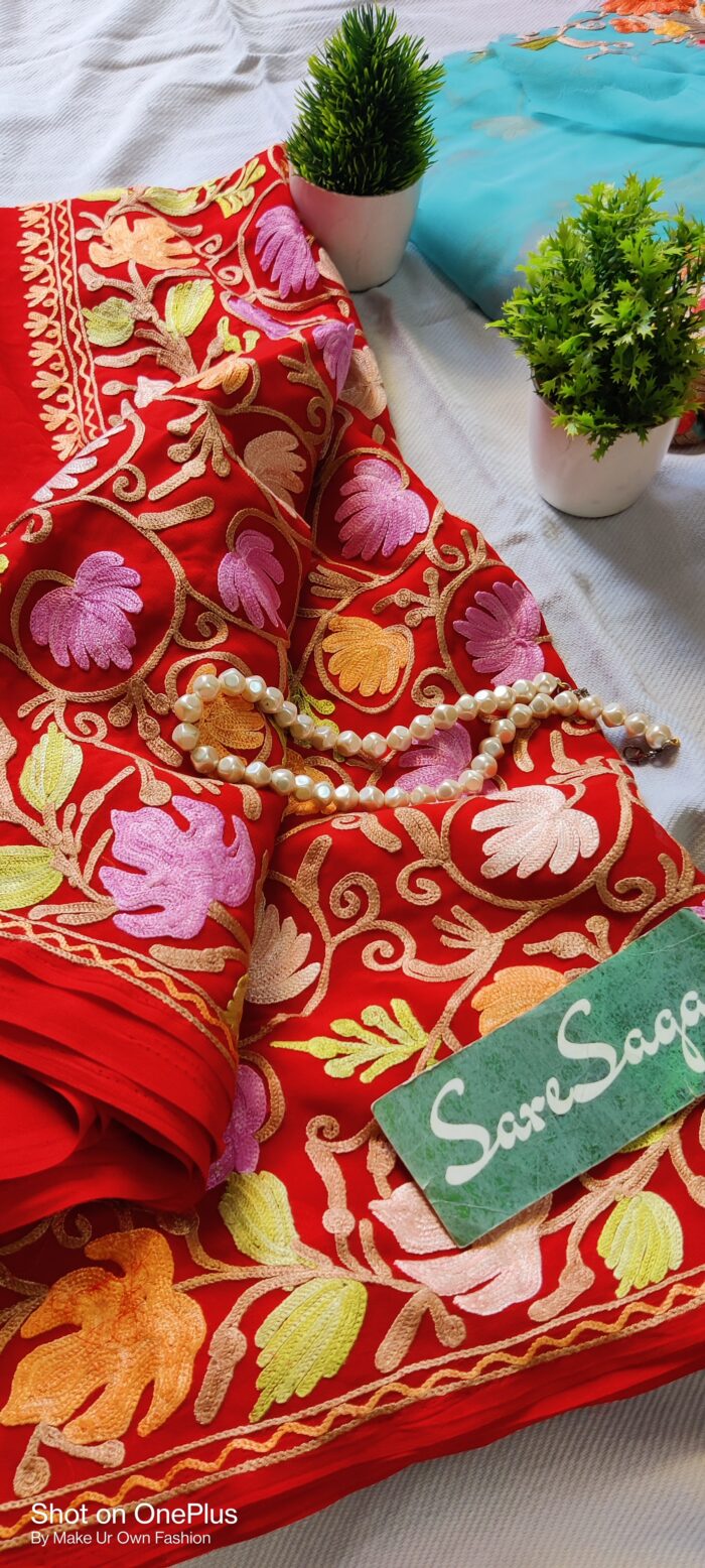 Kashmiri Georgette Red Saree With Aari Embroidery and Blouse