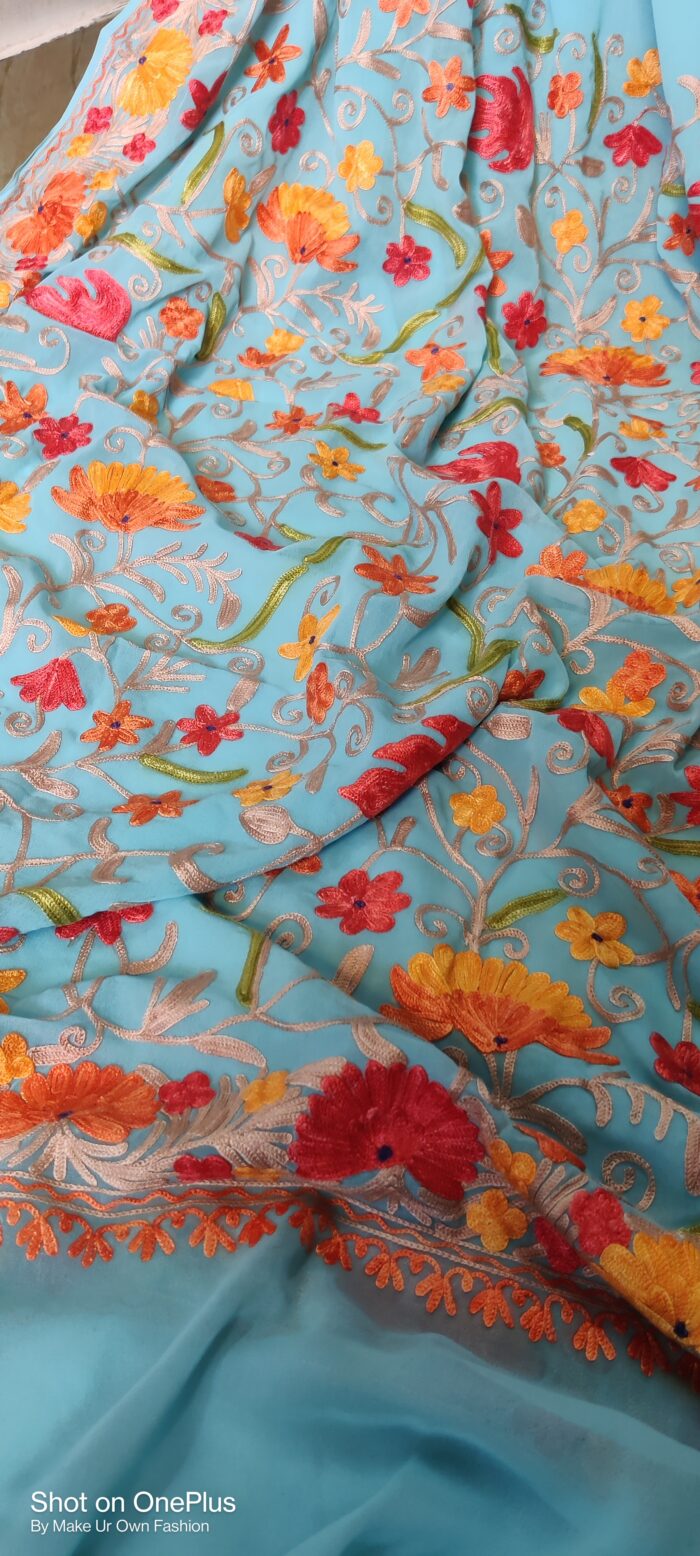 Kashmiri Georgette Sky Blue Saree With Multi Color Hand Heavy Aari Embroidery