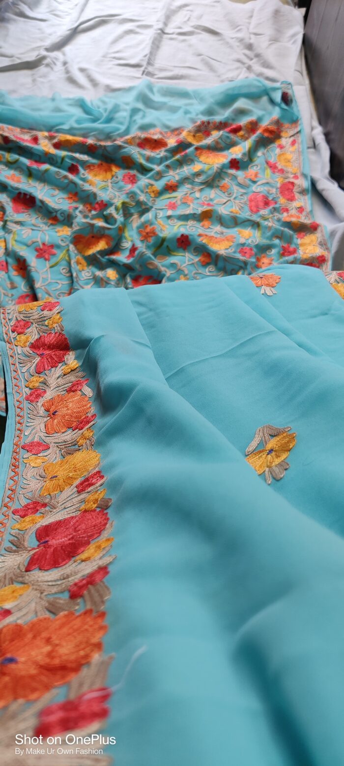 Kashmiri Georgette Sky Blue Saree With Multi Color Hand Heavy Aari Embroidery