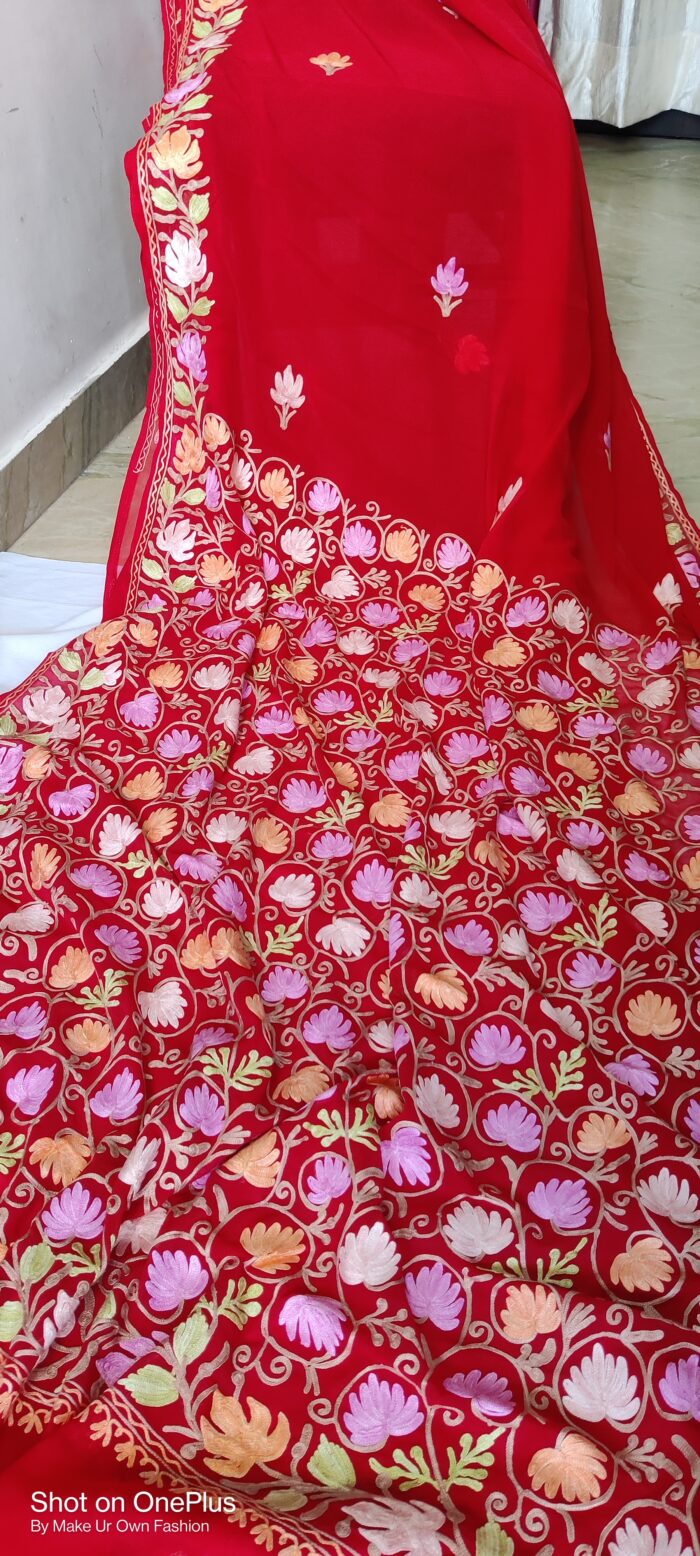 Kashmiri Georgette Red Saree With Aari Embroidery and Blouse