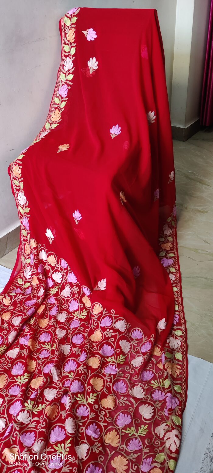 Kashmiri Georgette Red Saree With Aari Embroidery and Blouse