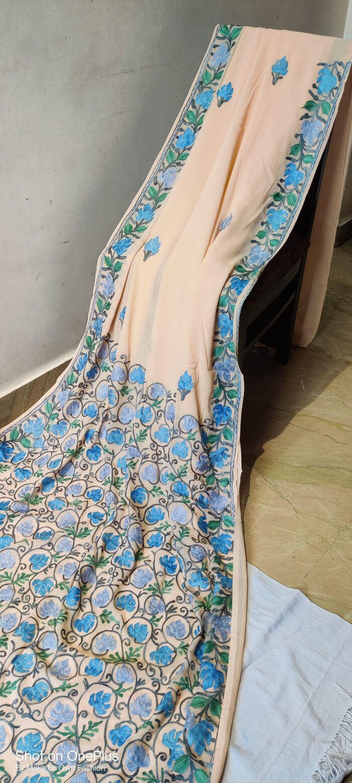 Kashmiri Georgette  Peach Shade Saree With Aari Embroidery and Blouse (Copy)