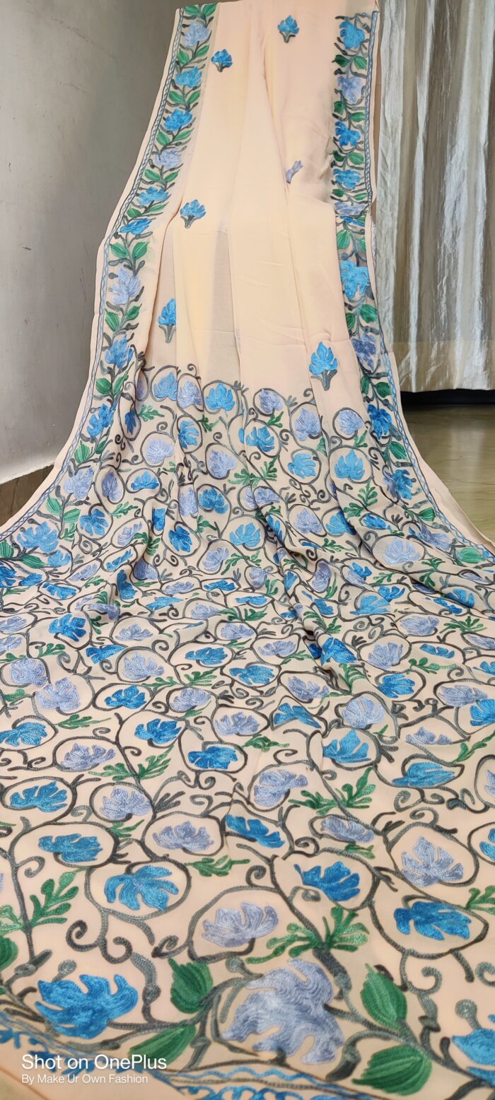 Kashmiri Georgette  Peach Shade Saree With Aari Embroidery and Blouse (Copy)