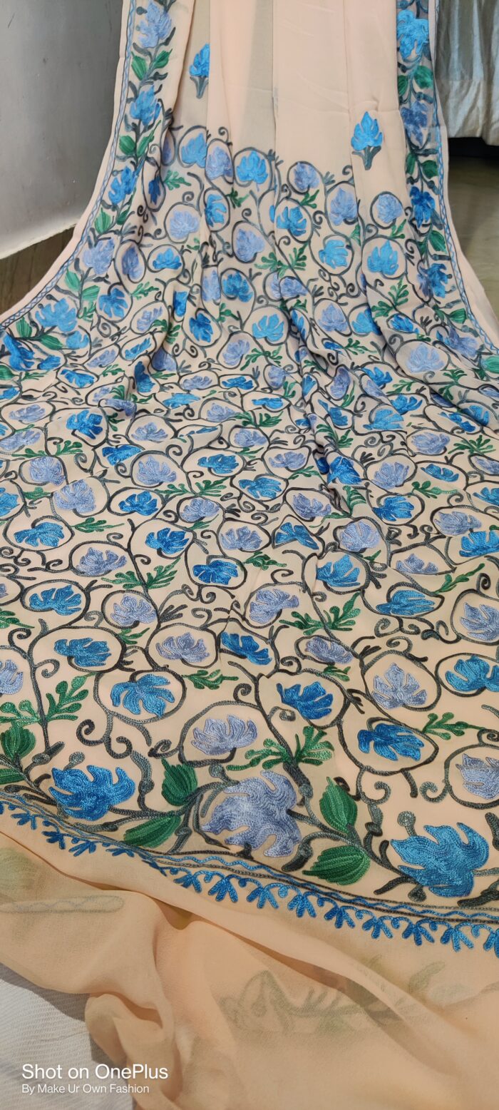 Kashmiri Georgette  Peach Shade Saree With Aari Embroidery and Blouse (Copy)