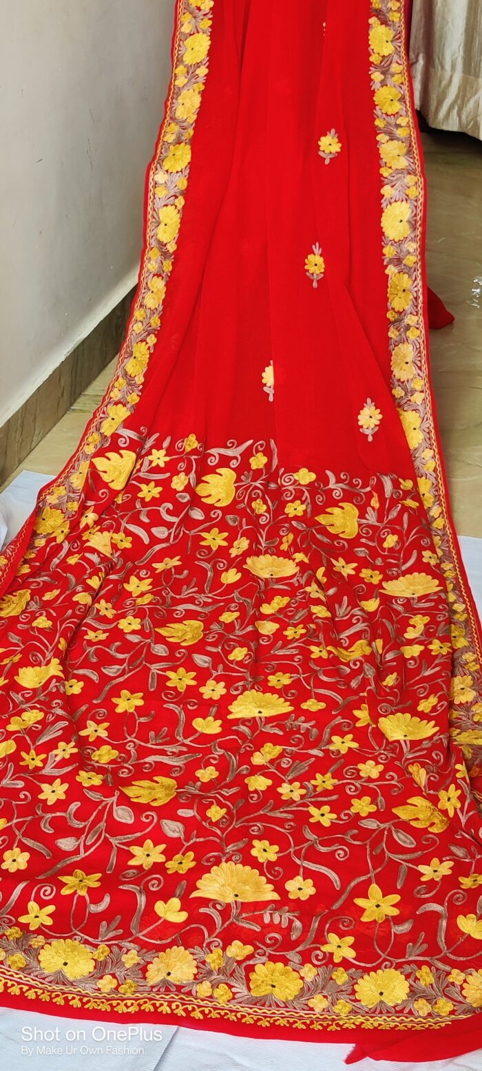 Kashmiri Georgette Red Aari Embroidery Saree With Blouse