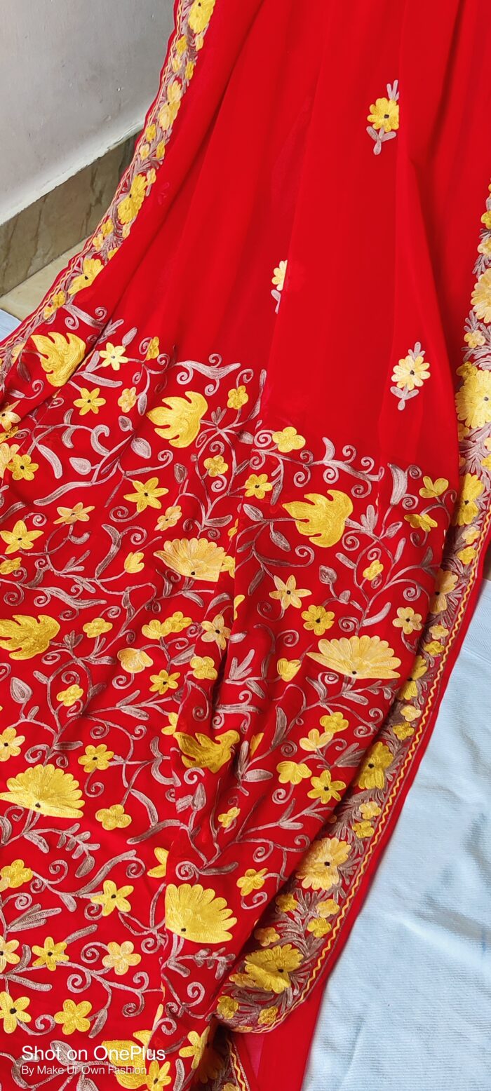 Kashmiri Georgette Red Aari Embroidery Saree With Blouse