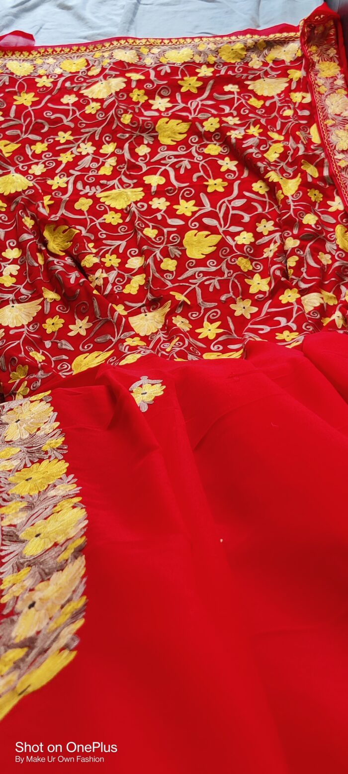 Kashmiri Georgette Red Aari Embroidery Saree With Blouse