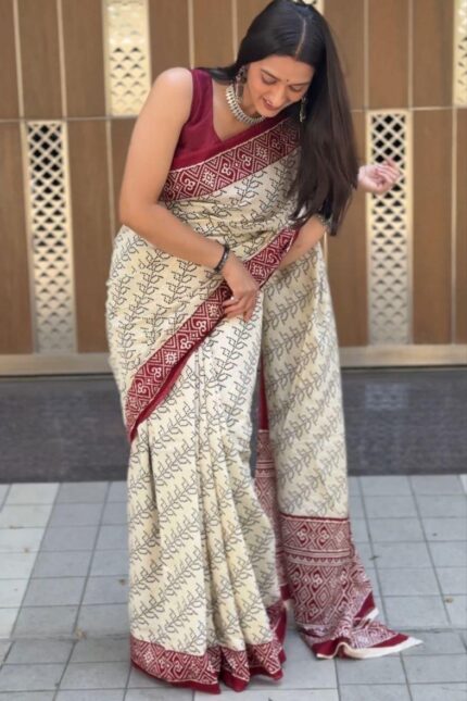 Soft Cotton HandCrafted Ajrakh Print Saree with Blouse Piece