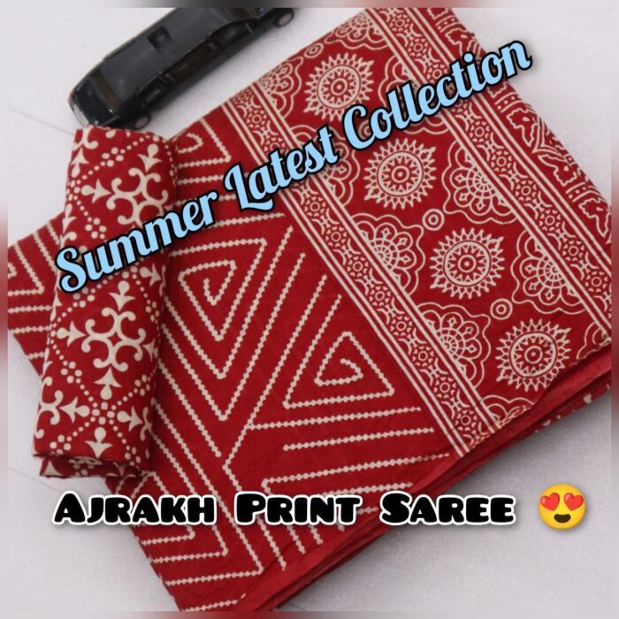 Soft Cotton HandCrafted Ajrakh Print Saree with Blouse Piece