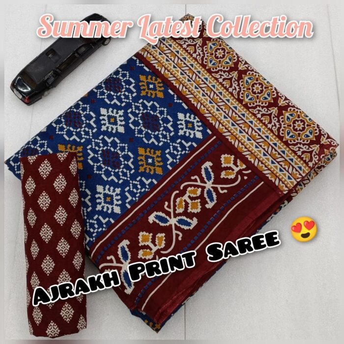 Soft Cotton HandCrafted Ajrakh Print Saree with Blouse Piece