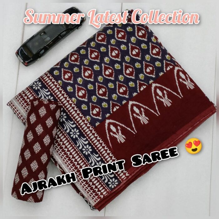 Soft Cotton HandCrafted Ajrakh Print Saree with Blouse Piece