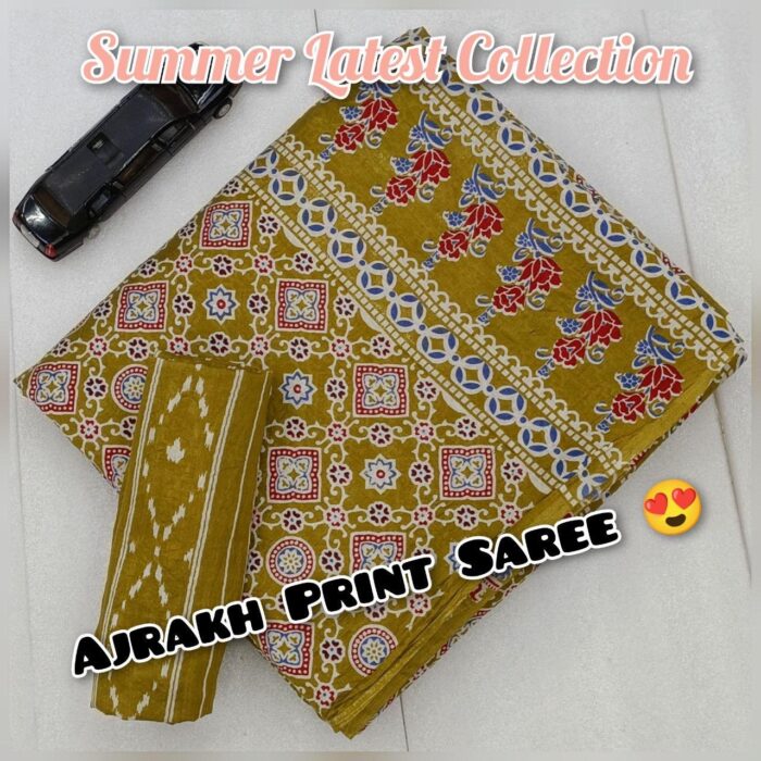 Soft Cotton HandCrafted Ajrakh Print Saree with Blouse Piece