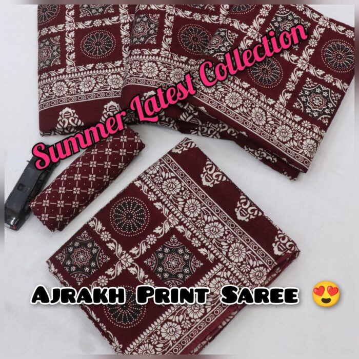 Soft Cotton HandCrafted Ajrakh Print Saree with Blouse Piece