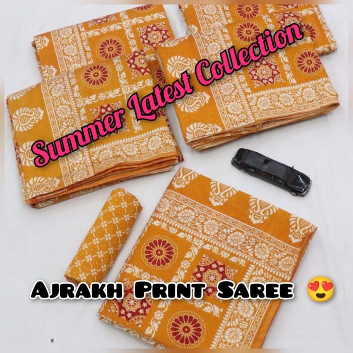 Soft Cotton HandCrafted Ajrakh Print Saree with Blouse Piece