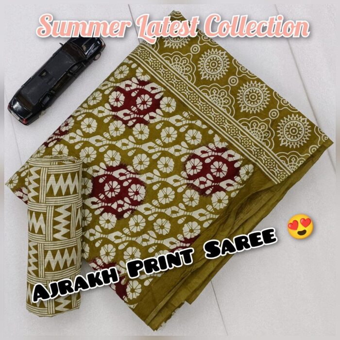 Soft Cotton HandCrafted Ajrakh Print Saree with Blouse Piece