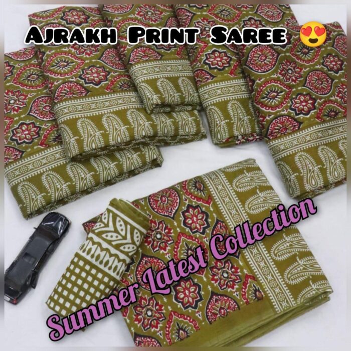 Soft Cotton HandCrafted Ajrakh Print Saree with Blouse Piece