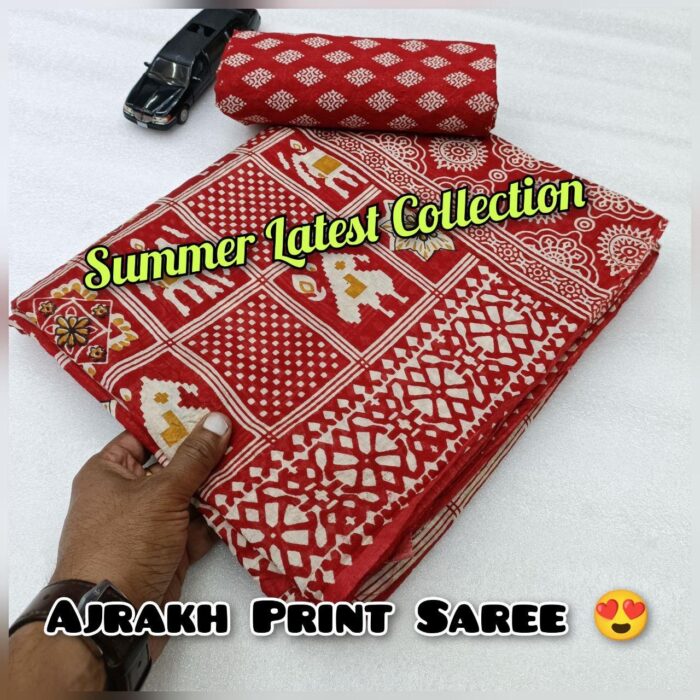 Soft Cotton HandCrafted Ajrakh Print Saree with Blouse Piece