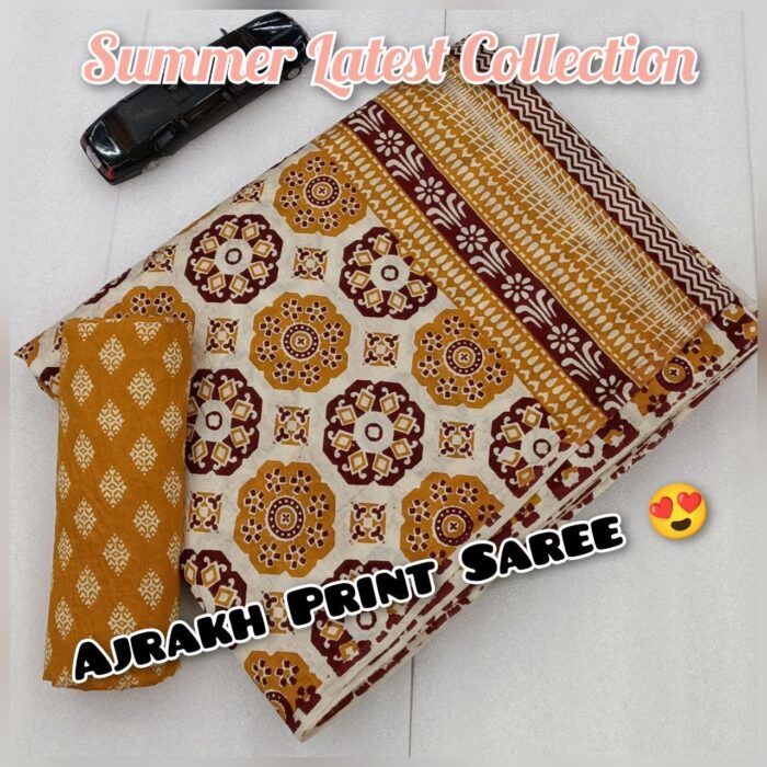 Soft Cotton HandCrafted Ajrakh Print Saree with Blouse Piece