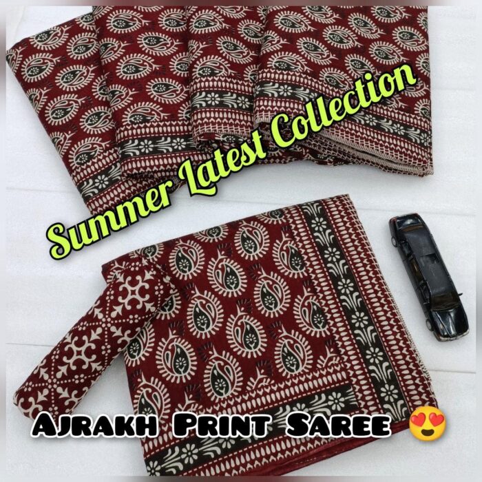 Soft Cotton HandCrafted Ajrakh Print Saree with Blouse Piece