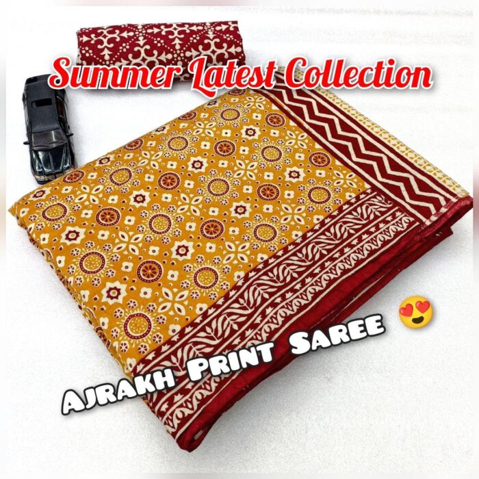 Soft Cotton HandCrafted Ajrakh Print Saree with Blouse Piece