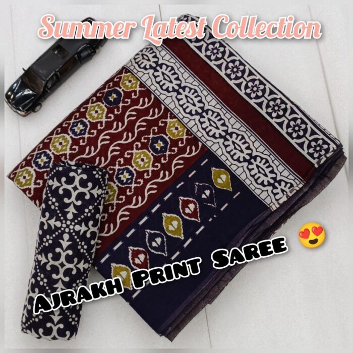 Soft Cotton HandCrafted Ajrakh Print Saree with Blouse Piece
