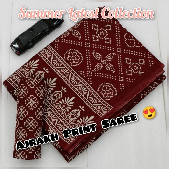 Soft Cotton HandCrafted Ajrakh Print Saree with Blouse Piece
