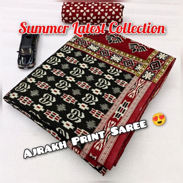 Soft Cotton HandCrafted Ajrakh Print Saree with Blouse Piece