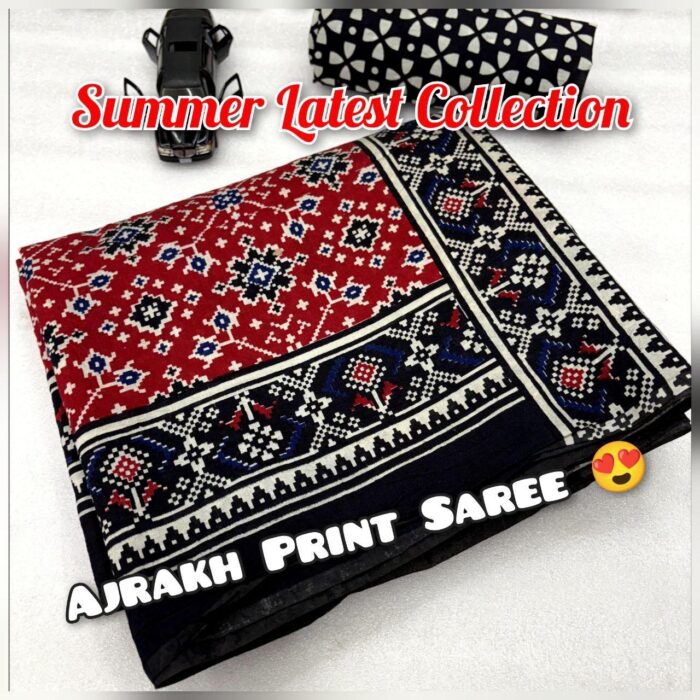Soft Cotton HandCrafted Ajrakh Print Saree with Blouse Piece