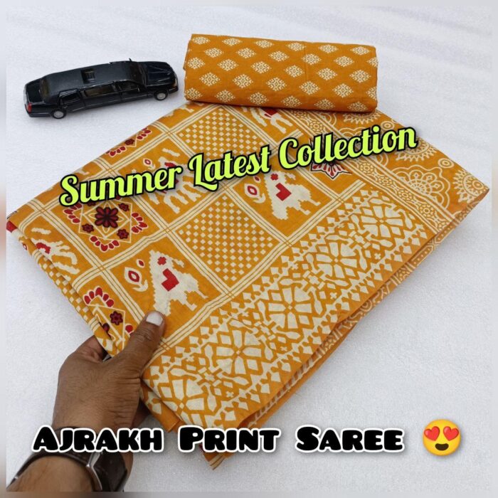 Soft Cotton HandCrafted Ajrakh Print Saree with Blouse Piece