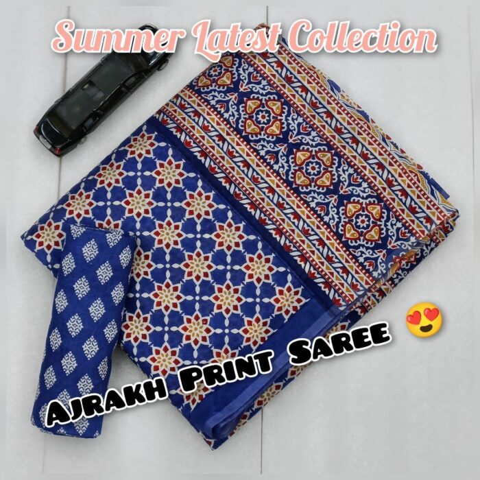 Soft Cotton HandCrafted Ajrakh Print Saree with Blouse Piece