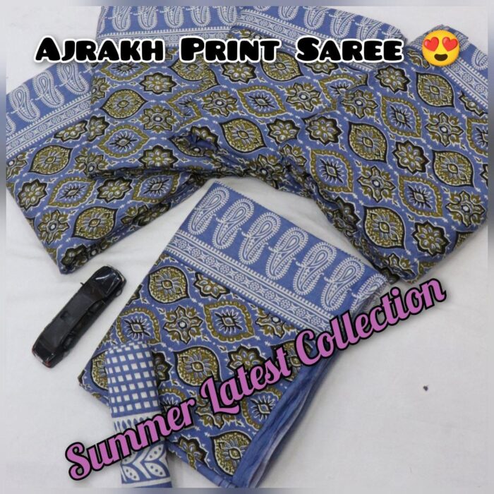 Soft Cotton HandCrafted Ajrakh Print Saree with Blouse Piece