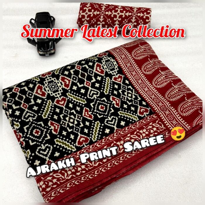 Soft Cotton HandCrafted Ajrakh Print Saree with Blouse Piece