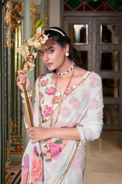 Floral Printed Premium Quality Georgette Saree with Moti Lace Border