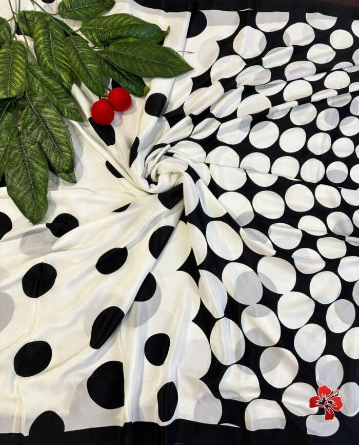 Italian Printed Satin Crepe Polka Dot Black & White Saree