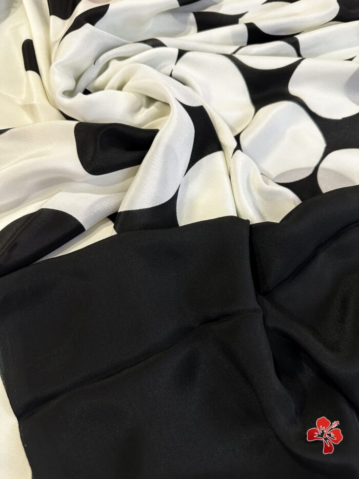 Italian Printed Satin Crepe Polka Dot Black & White Saree