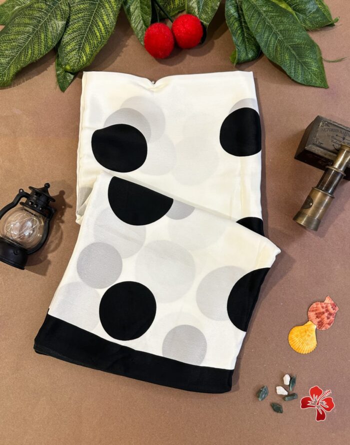 Italian Printed Satin Crepe Polka Dot Black & White Saree